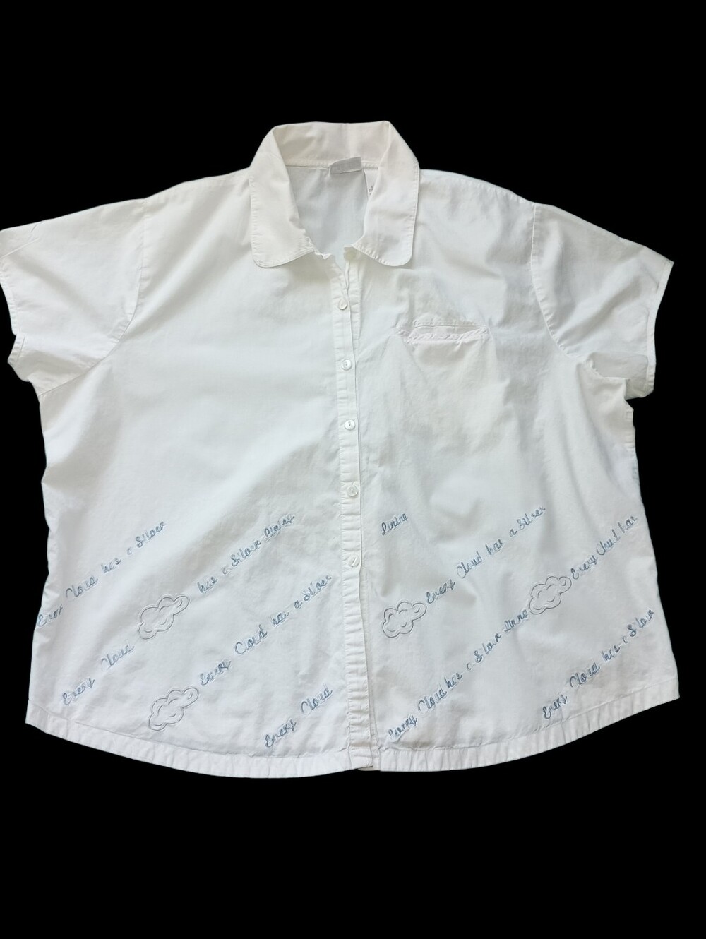 Vintage Mixit EVERY CLOUD HAS A SILVER LINING  White Blouse Button Up Size XL